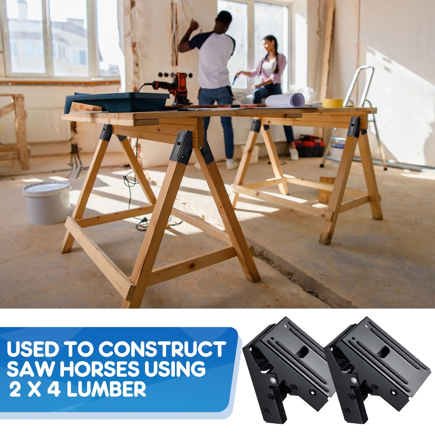 Gisafai 4 Pieces Steel Sawhorse Brackets with 220lb / 100kg Capacity (One Pair), Easy to Use Saw Horses Brackets Metal Brackets for Compact Storage, Gisafai