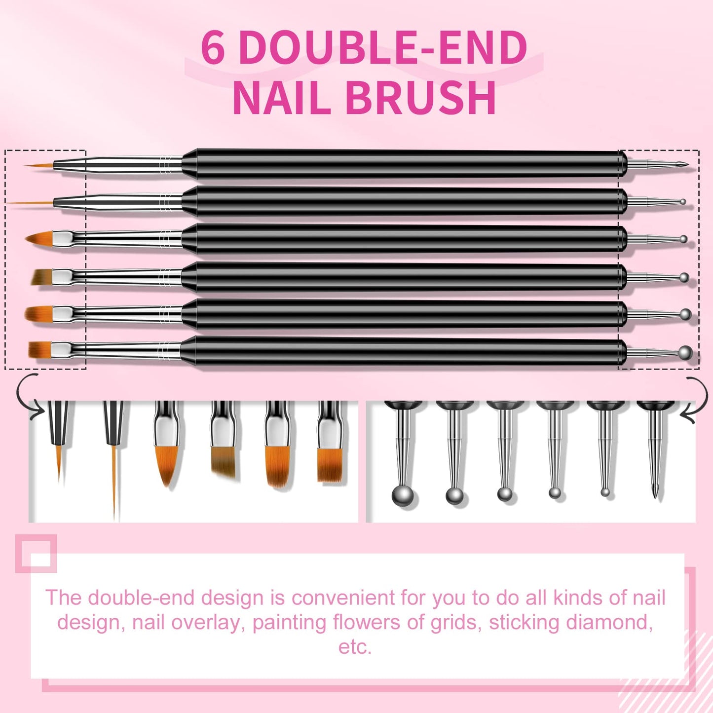 Saviland Nail Art Brushes Set - 6pcs Double-End Nail Art Brushes Kit Professional Nail Art Tools Kit with Painting Dotting Line Pen for Gel Polish