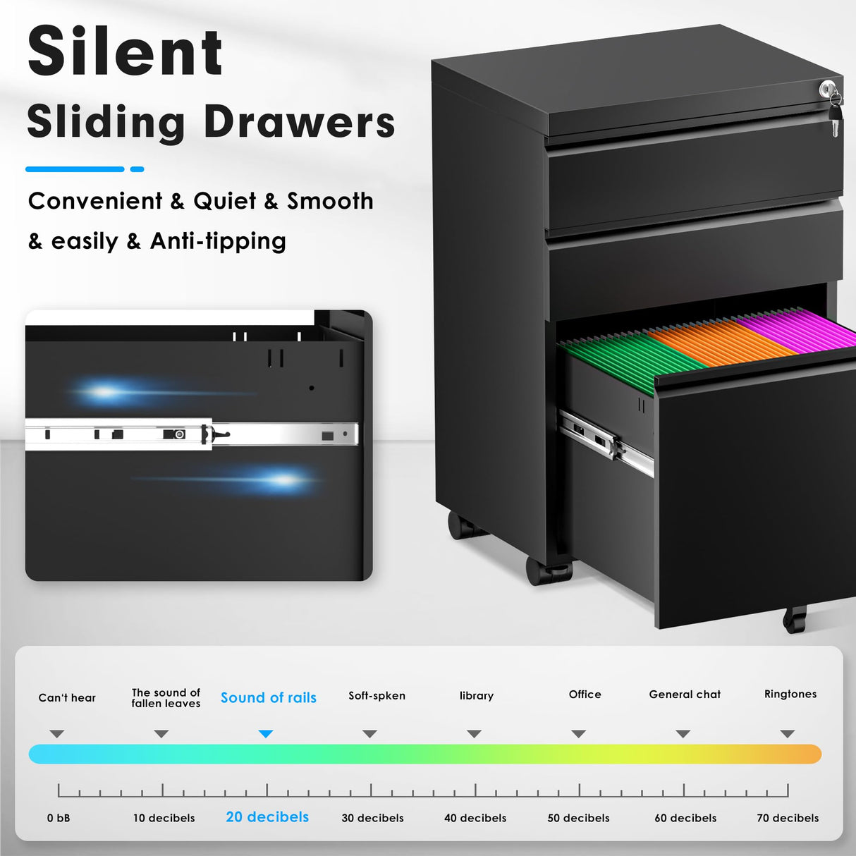 Greenvelly Black 3 Drawer File Cabinet with Wheels, Locking Mobile Filing Cabinet with Lock, Office Rolling File Cabinets for Legal/Letter Size with Greenvelly