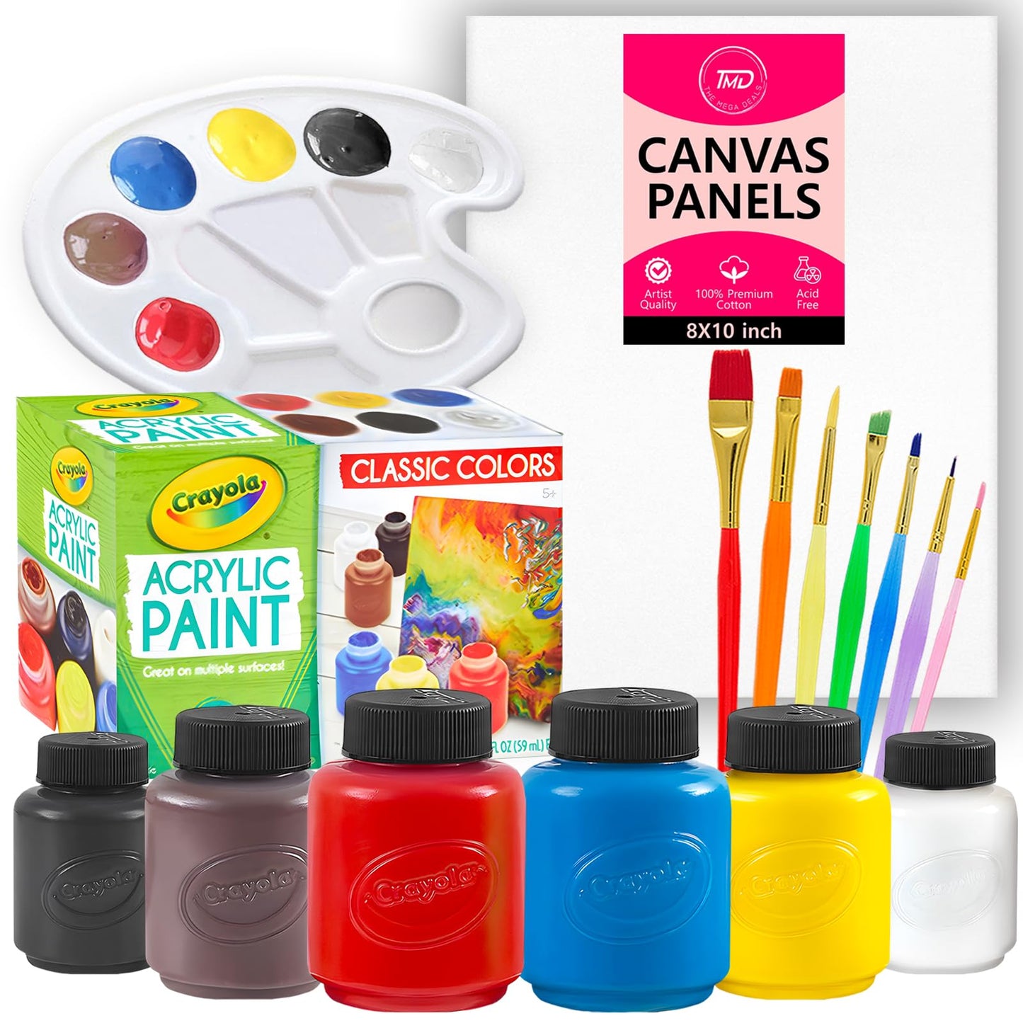 Acrylic Paint Set for Kids - Acrylic Paint Kit Includes 6 Assorted Craft Paint, Painting Canvas, 7 Paintbrushes, Paint Pallet - Arts and Crafts Paint - WoodArtSupply