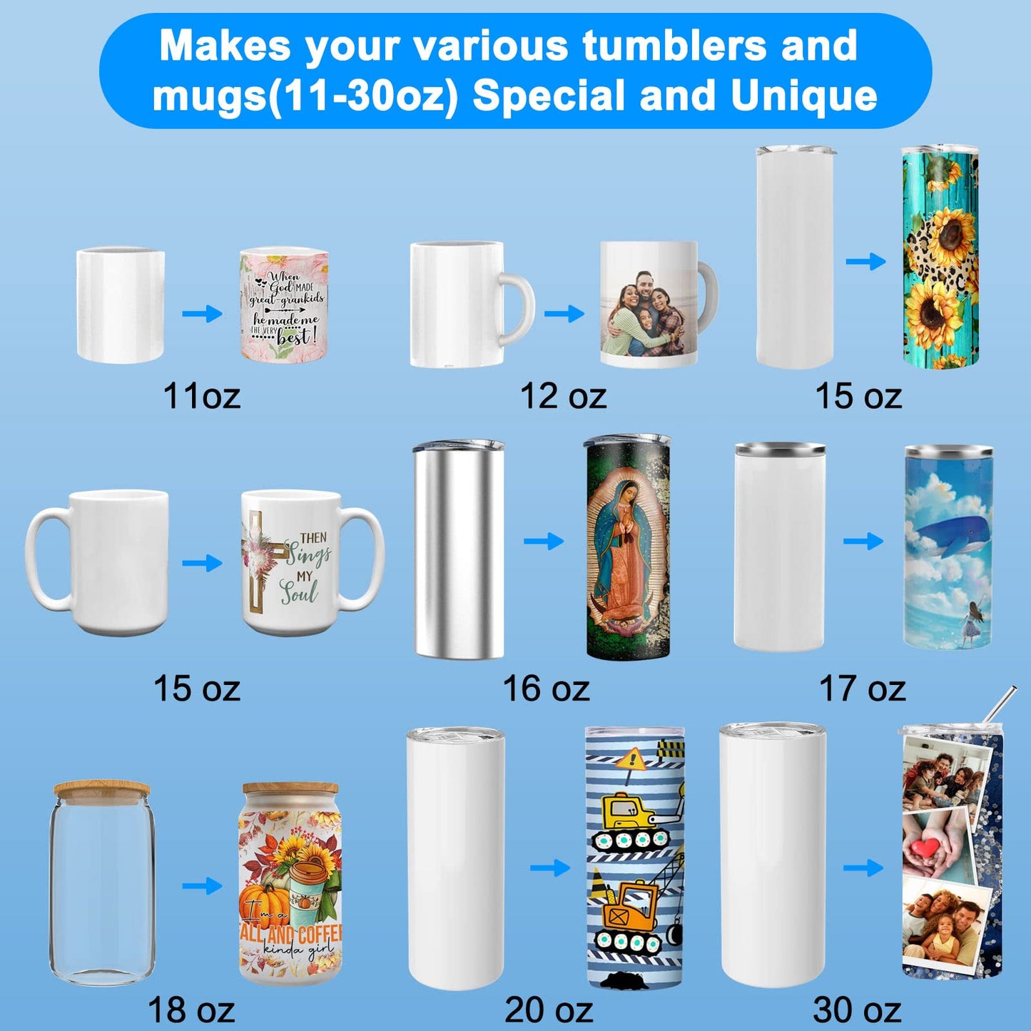 Gymolo Upgraded 30oz Tumbler Mug Heat Press Machine Light Blue with 4 Memory Models for 10oz-30oz Sublimation Blanks Skinny Tumblers DIY Presser Mug - WoodArtSupply