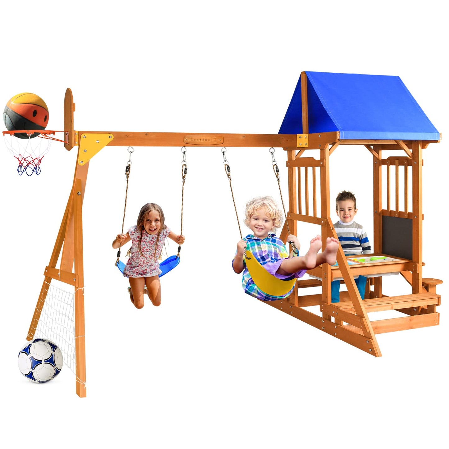 SuniBoxi Wooden Swing Set/Playset Made for Small Yards and Kids Toddlers Age 3-6, 6-in-1 Playground Set with Picnic Table Drawing Board Sandboxes