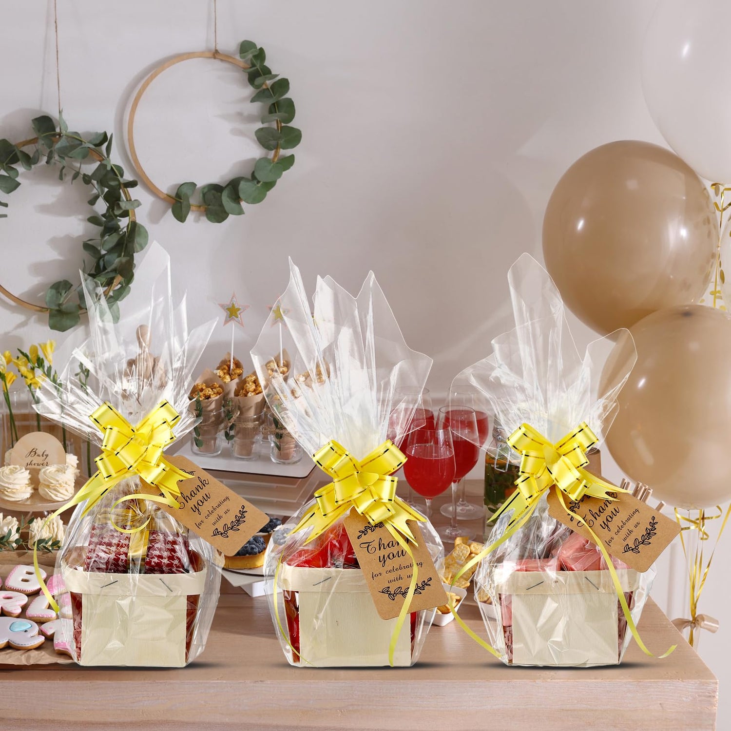 Pinkunn 30 Set Wooden Gift Baskets 4 x 4 x 2.5 Wood Basket DIY Square Wood Gift Boxes with Plastic Paper Thank You Cards and Pull Bows for Christmas Pinkunn