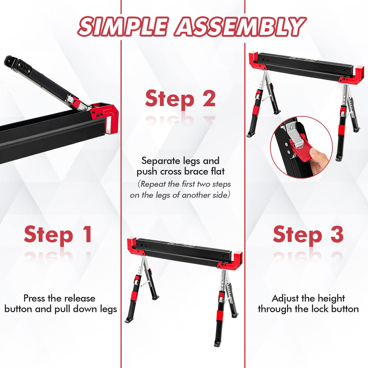 IRONMAX Folding Saw Horses 2 Pack, Height Adjustable Sawhorse 2600 Lbs Capacity w/ Flip-down Support Pegs & 2x4 Support Arms, Easy Carry Sawhorses IRONMAX