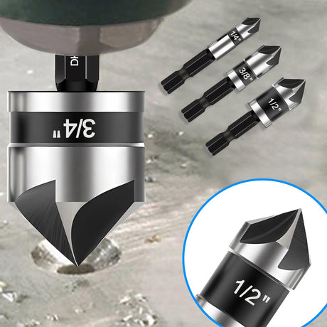 5 Pcs Countersink Drill Bit Set, Industrial Grade M2 High-Speed Steel, 82 Degree, 5 Flute with 1/4” Quick Change Hex Shank, 1/4" to 3/4" Size for DECKRKAT