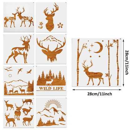 9 Pieces Forest Deer Mountain Stencils Moon Bamboo Pattern Stencils Animal Flower Reusable Templates Forest Theme DIY Stencils with Metal Open Ring - WoodArtSupply