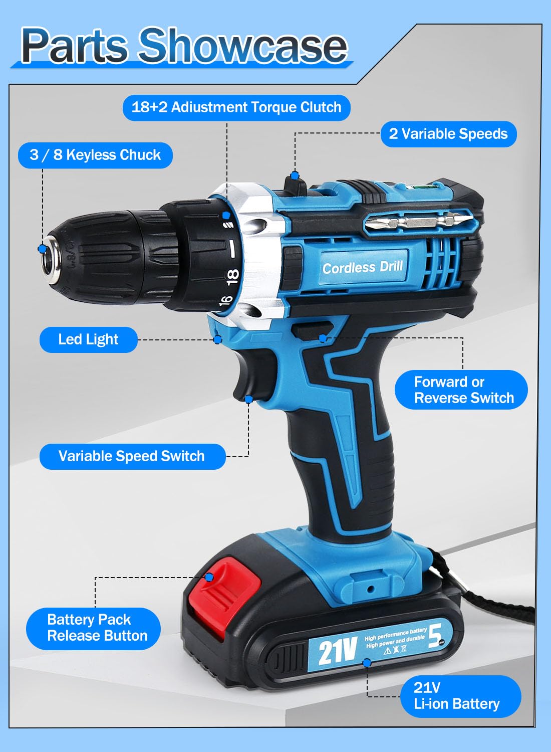 Aseboy 21V Cordless Drill Set, 1.5AH Battery, 18+2 Clutch Electric Drill with Work Light, Hammer Drill with 248 In-lbs Max, 2 Variable Speed,Fast Aseboy