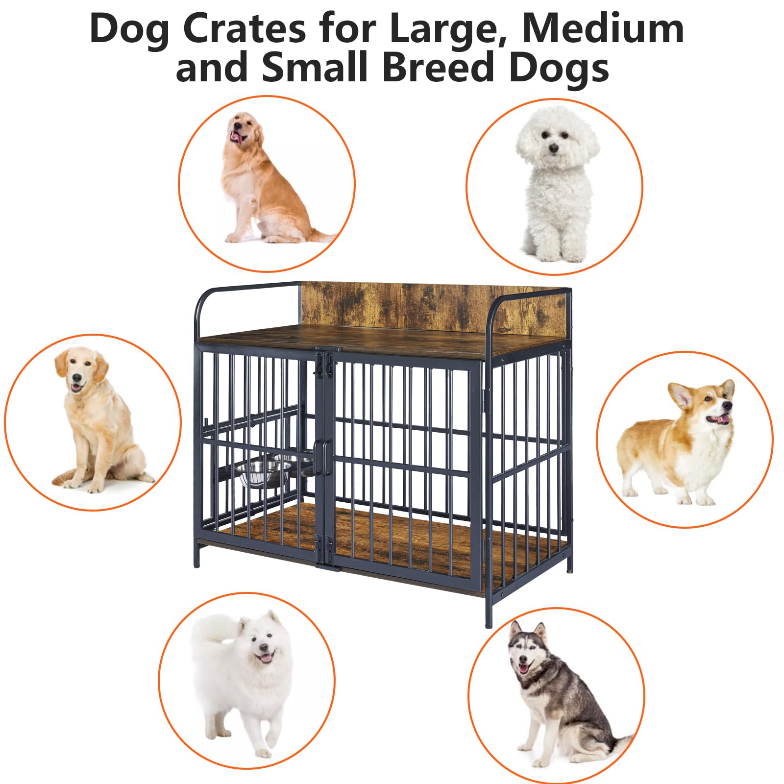 SEPTBOT Large Dog Kennel Indoor Furniture, 41 Inch Large Dog Crate with 360° Adjustable Feeder-2 Stainless Steel Bowls, Wooden Dog Cage Table for - WoodArtSupply