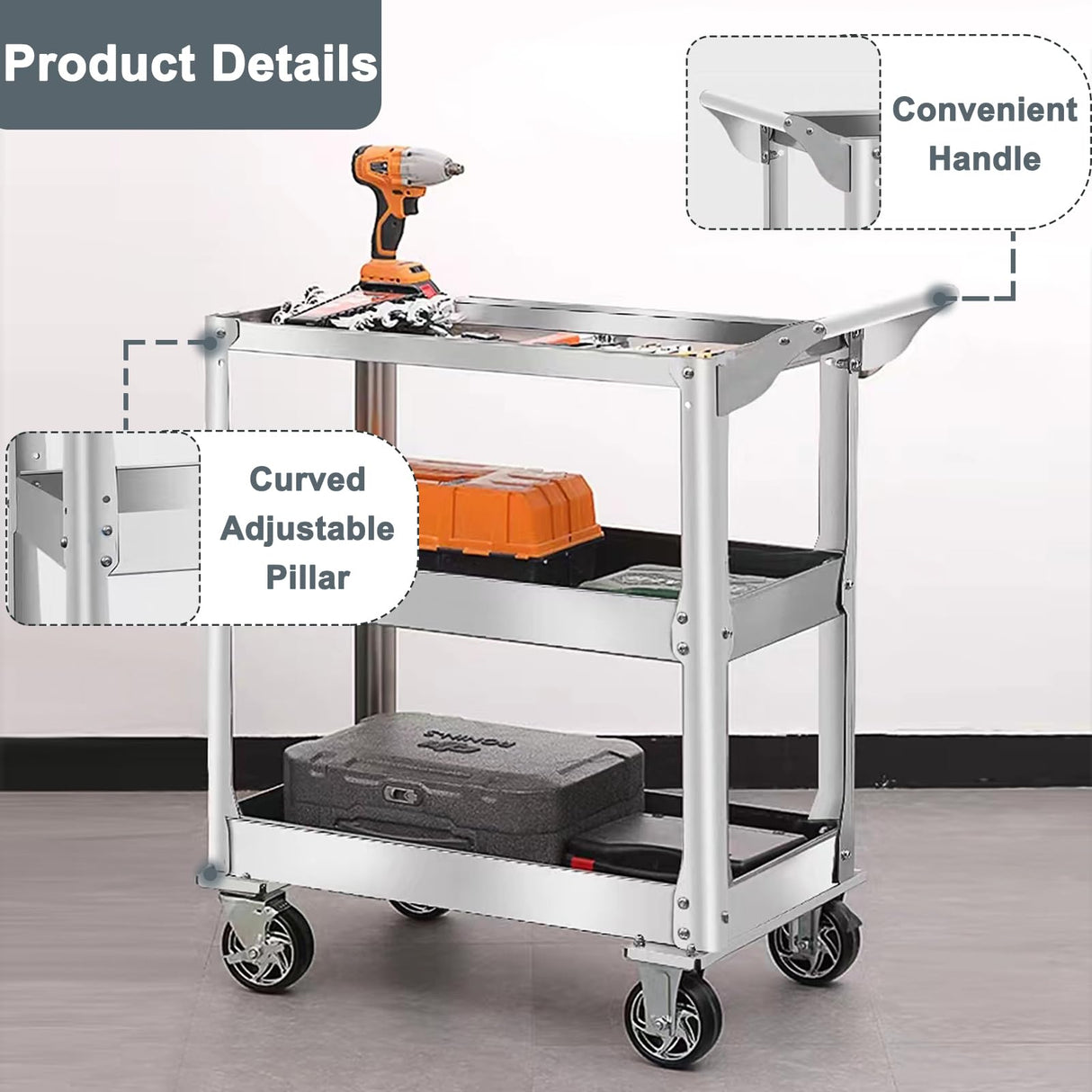 3-Tier Stainless Steel Utility Cart, 1100 lbs Heavy Duty Service Cart with Wheels, Rolling Tool Cart on Wheels, Work Cart for Mechanic, Garage, EHONXI