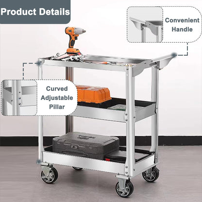3-Tier Stainless Steel Utility Cart, 1100 lbs Heavy Duty Service Cart with Wheels, Rolling Tool Cart on Wheels, Work Cart for Mechanic, Garage,