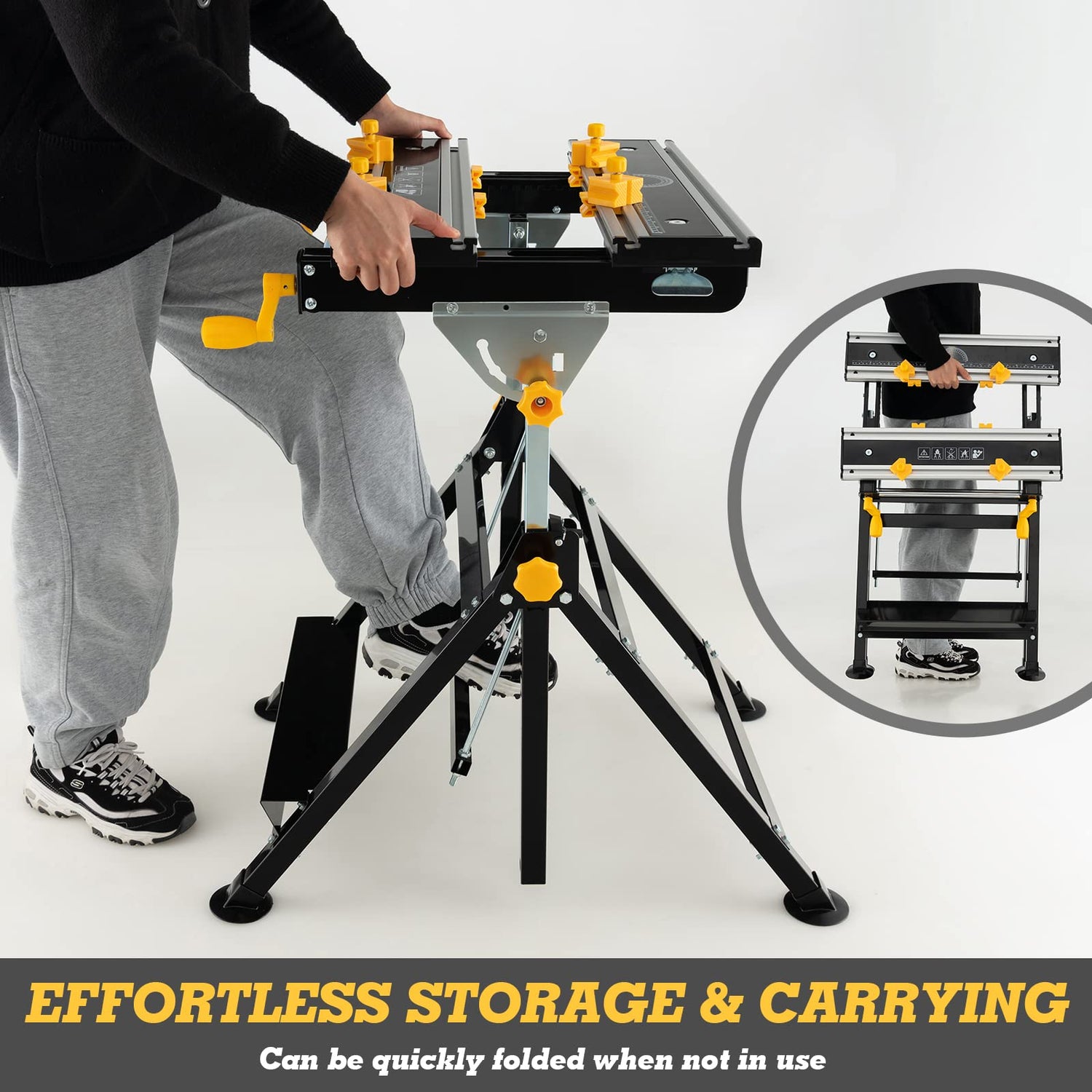 IRONMAX Portable Work Bench, 7-Level Height Adjustable & Reclining Work Table w/ 8 Sliding Clamps, Folding Workbench and Vise for Cutting, Saw, Paint IRONMAX