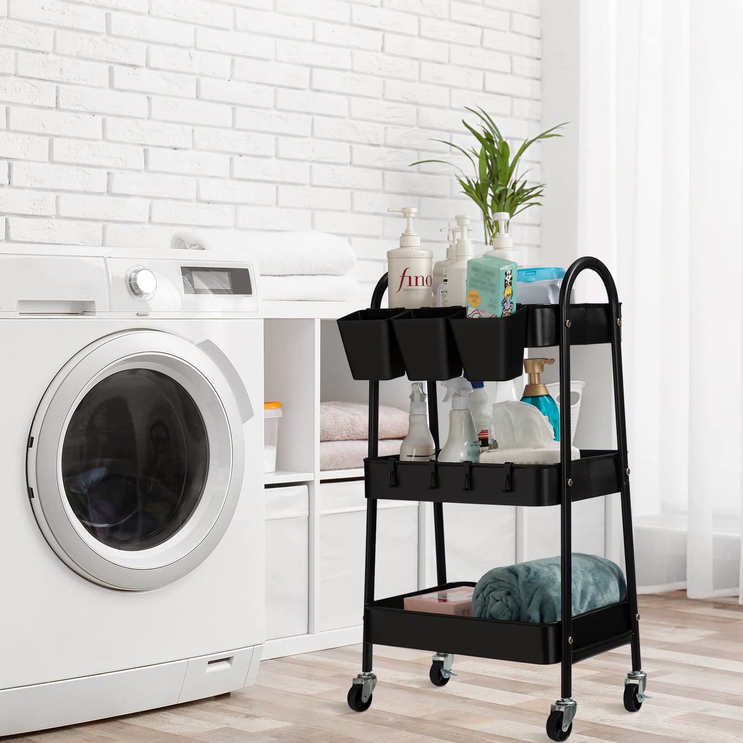 danpinera 3-Tier Rolling Cart, Metal Rolling Storage Cart with Lockable Wheels & Hanging Cups & Hooks, Mobile Trolley Cart for Kitchen, Bathroom, danpinera