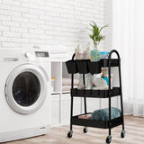 danpinera 3-Tier Rolling Cart, Metal Rolling Storage Cart with Lockable Wheels & Hanging Cups & Hooks, Mobile Trolley Cart for Kitchen, Bathroom, danpinera