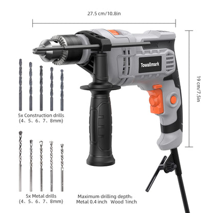 7-Amp Hammer Drill, Towallmark 1/2-Inch Electric Hammer Drill with 3000RPM, Variable Speed, 10 Drill Bits for Home Improvement, DIY, Masonry, Wood