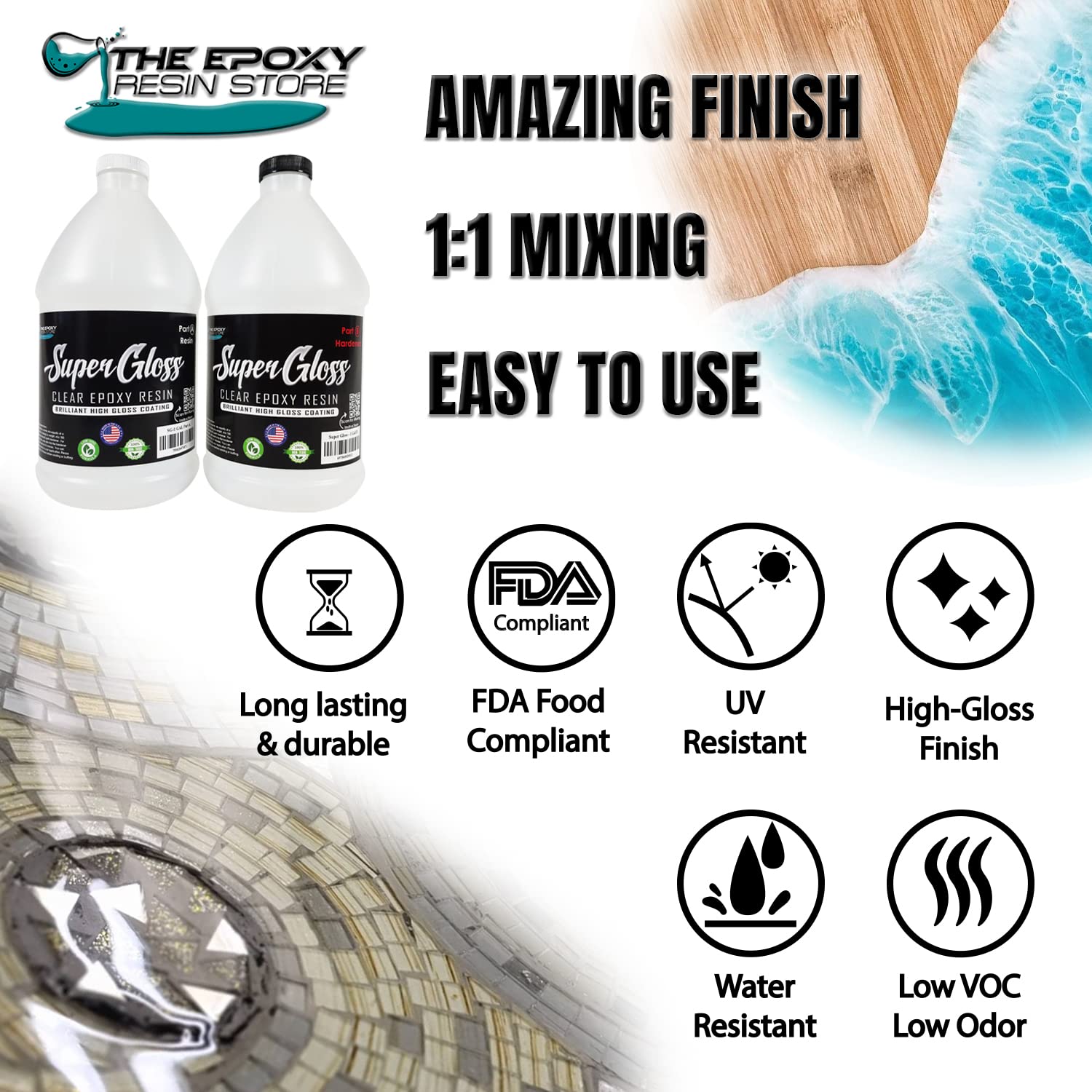 Super Gloss Epoxy Resin UV Stable Glass Like Finish for Bar Counters and Wood Tabletops, 1 Gallon Kit Easy Mixing at 1-1 by Volume Clearcast 7000
