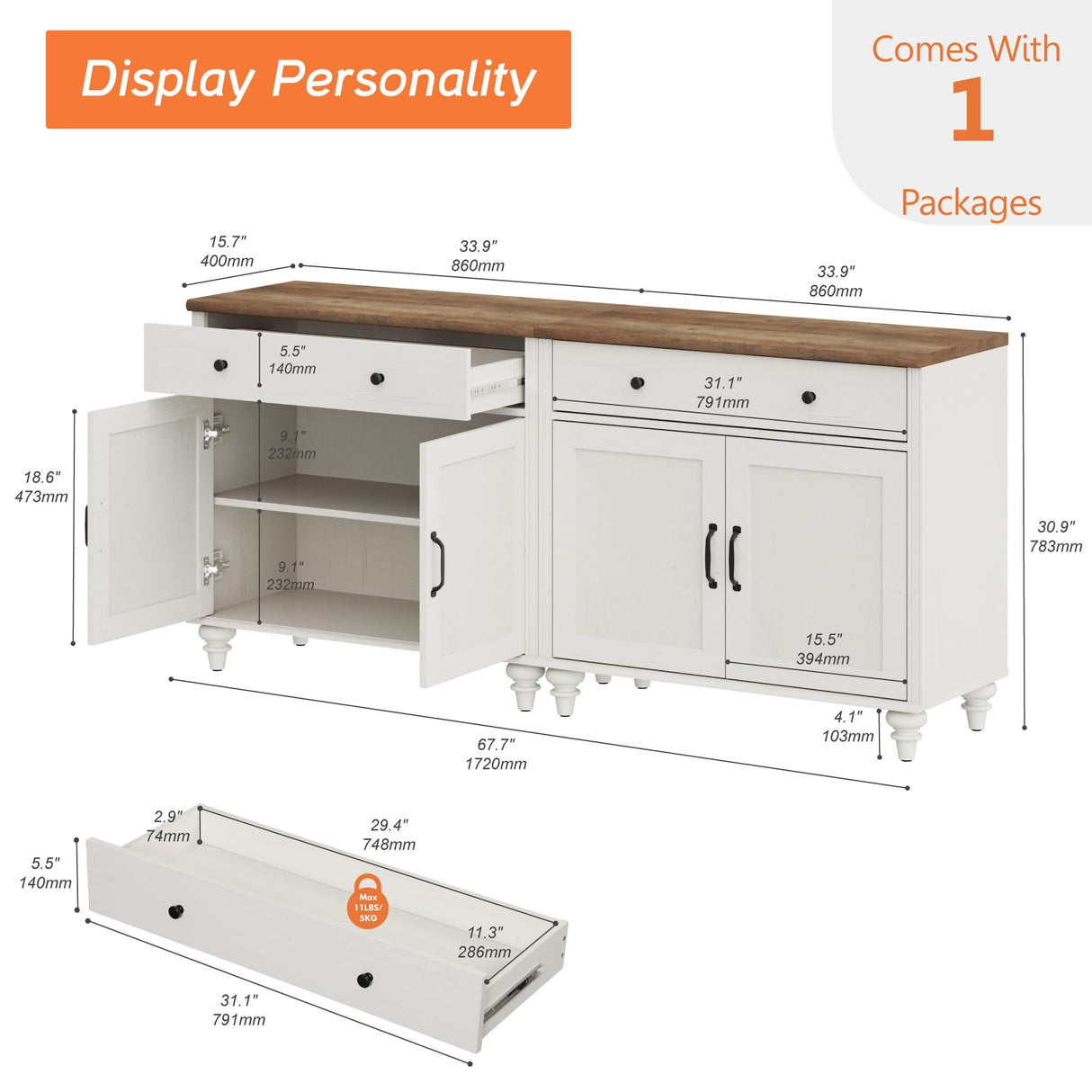 WAMAPT Buffet Cabinet with 4 Doors and 2 Drawers, Large Coffee Bar Tables Wood Kitchen Storage Cabinets with Storage Cabinets, Modern Farmhouse WAMPAT