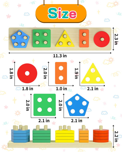Montessori Toys for 1 2 3 Year Old Boys Girls Toddlers, Wooden Sorting and Stacking Preschool Educational Toys, Color Recognition Stacker Shape