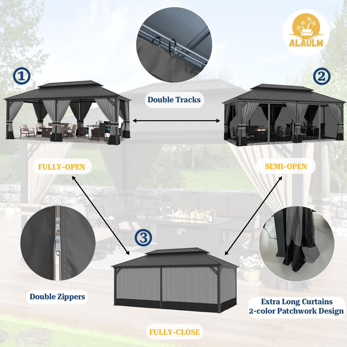 ALAULM 12'x20' Hardtop Gazebo, Outdoor Double Roof Canopy with Netting and Curtains, Galvanized Metal Frame, Sunshade for Patio, Backyard, Deck and