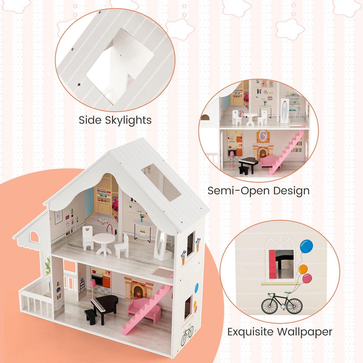 Costzon Kids Wooden Dollhouse, 2-in-1 Cottage Dollhouse Bookcase w/ 6 Rooms and Hidden Storage, 2 Tiers Pretend Toy Set w/ 8 PCS Furniture for