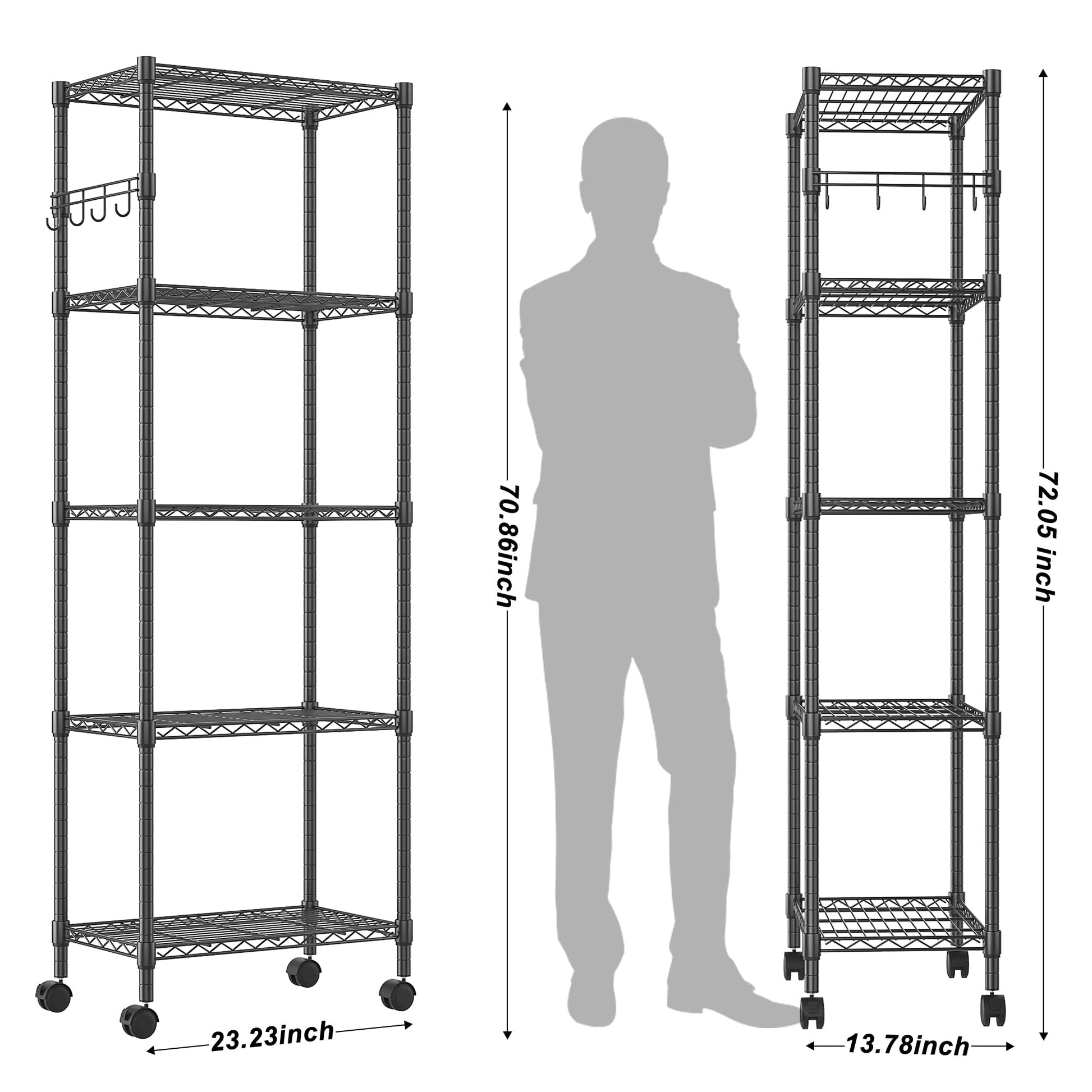 Homdox 5 Tier Wire Shelving Unit on Wheels, Adjustable Storage Racks and Shelving, Heavy Duty Rolling Metal Shelves with Side Hooks for Laundry - WoodArtSupply