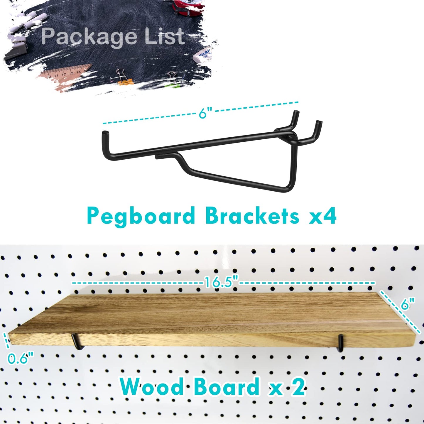 2 Pack Pegboard Shelves, Wooden Shallow Shelf for 1/4 inch Peg Board Organizer Accessories, Shelves and Baskets Brackets, Display and Storage Rack - WoodArtSupply