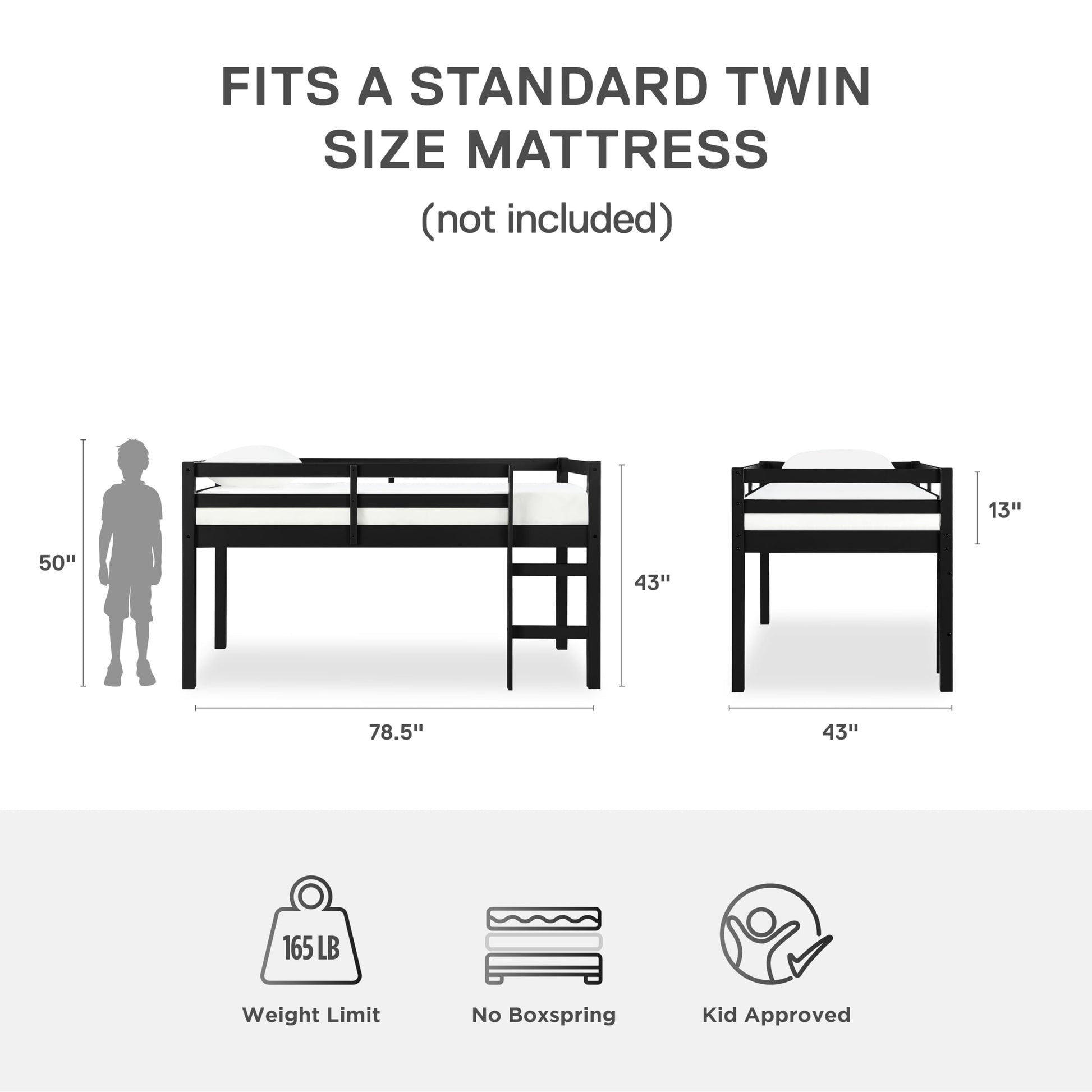 DHP Milton Junior Twin Loft Bed in Black – Stylish, Space-Saving Design for Kids - WoodArtSupply