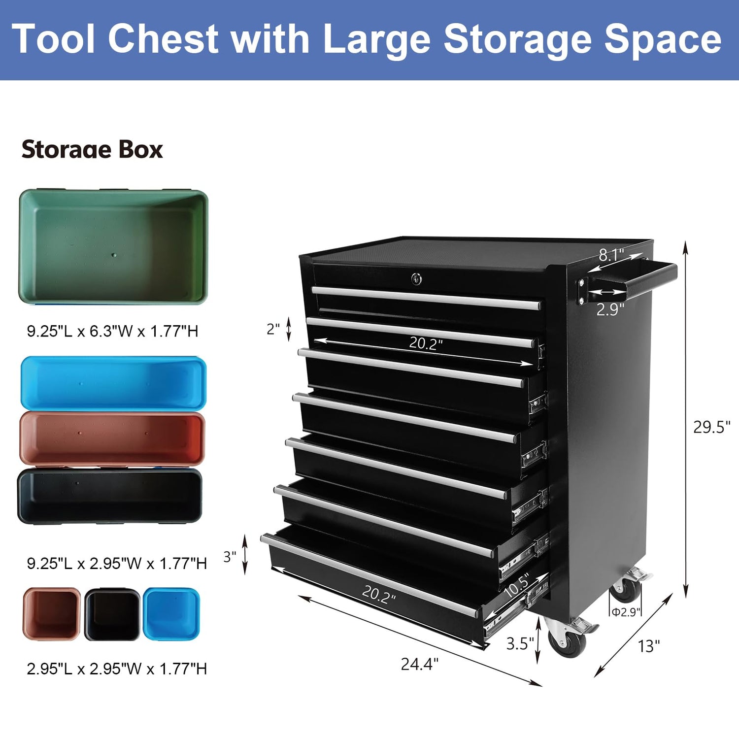 7-Drawer Tool Chest with Wheels, Rolling Tool Chest with Drawers, Top Cushion & 7PCS Tray Divider Set, Multifunctional Craftsman Tool Storage Chest Henf