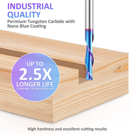 HQMaster 5 Pcs Spiral CNC Router Bits Set Down Cut 1/4” Shank Solid Carbide Spiral Downcut CNC Bits with Nano Blue Coating End Mill for Wood Cut HQMaster