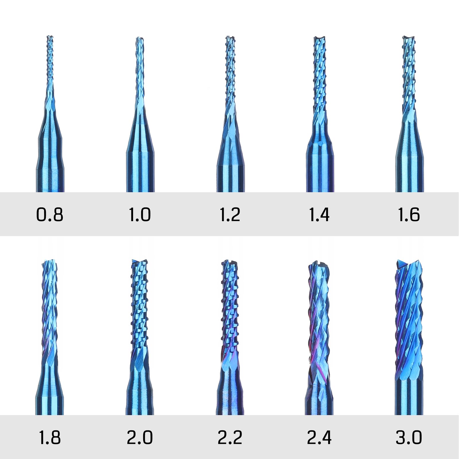 SainSmart Genmitsu 10Pcs Nano Blue Coat End Mill CNC Router Bits, 0.8-3mm, 1/8" Shank - WoodArtSupply