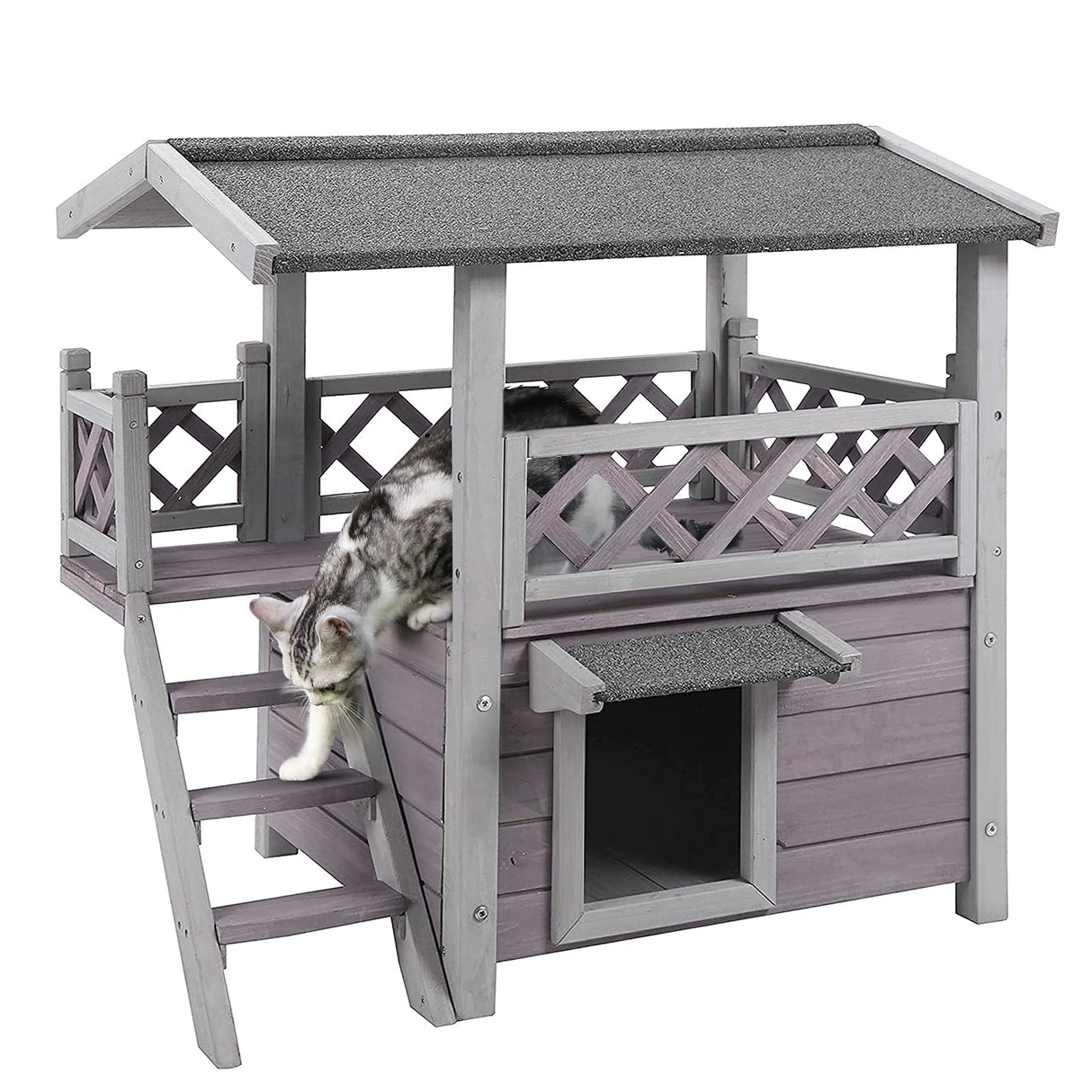 Cat House with Door for Feral Cats, Rainproof Outside Kitty House, 2 Story Wooden Kitten Condo with Stairs (AIR09-BS) GUTINNEEN