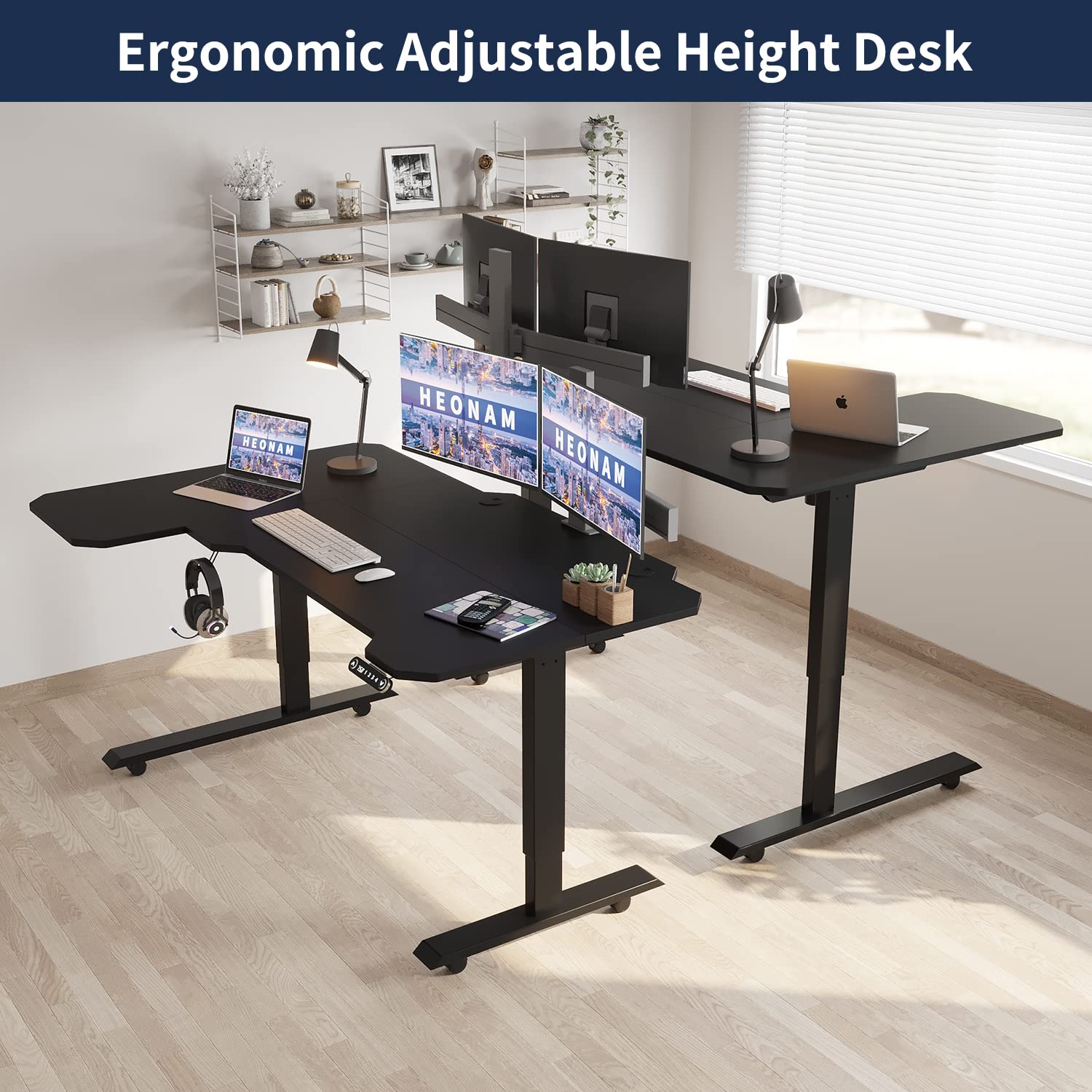 HEONAM 59'' L Shaped Height Adjustable Standing Desk, Electric Stand up Computer Table for Home Office Desk with Black Frame & Top HEONAM