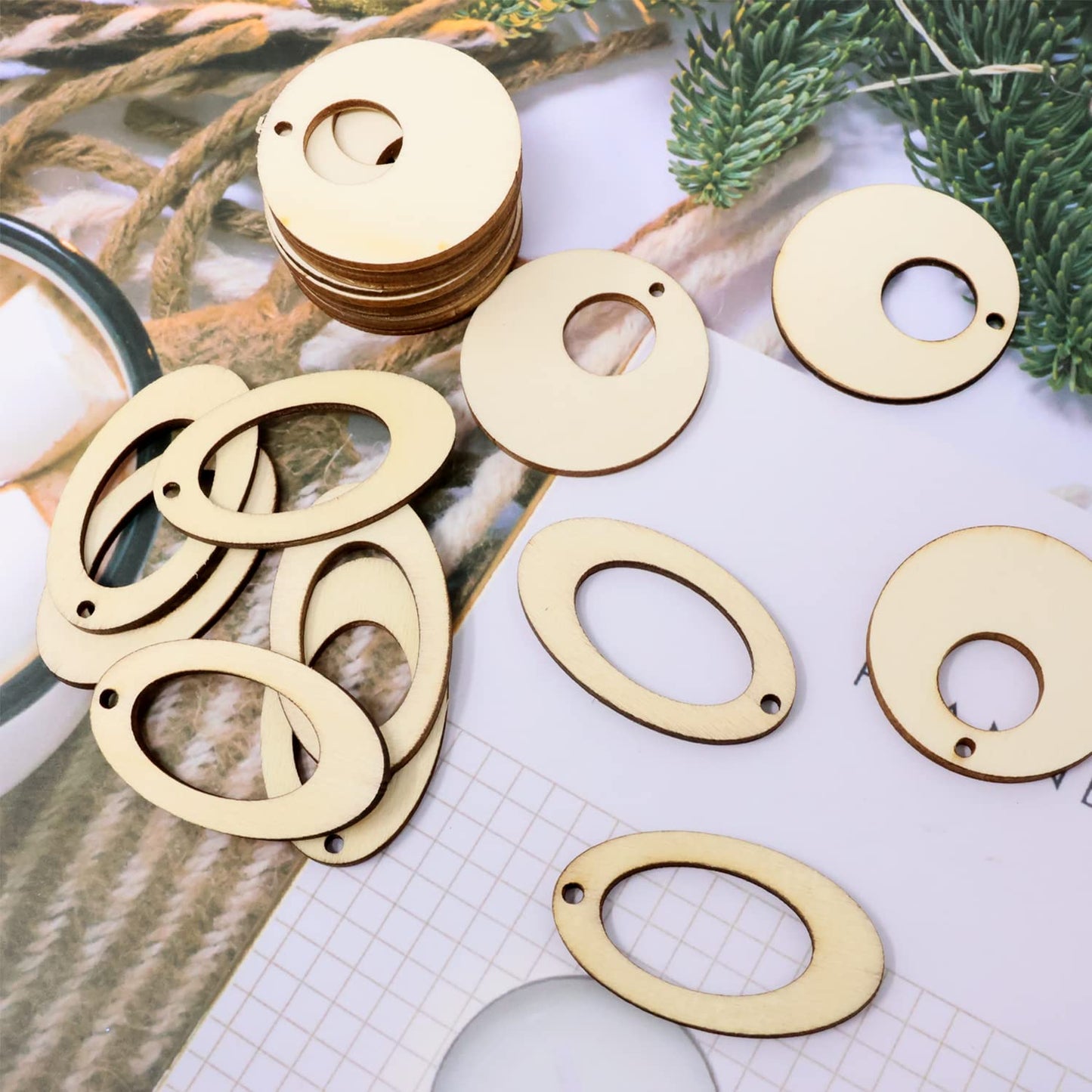 yueton 100PCS Round Oval Wooden Earring Pendant Geometric Hollow Wooden Hanging Ornaments Unfinished Blank Wood Pieces Wood Slices Wood Chips