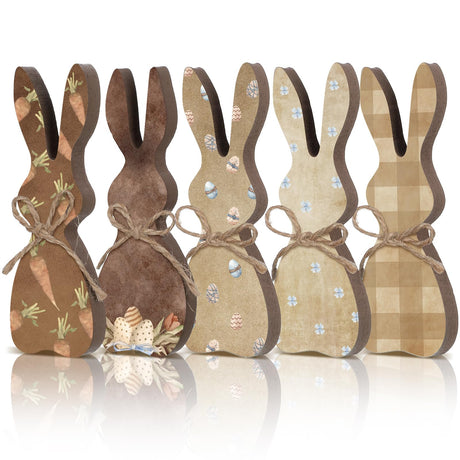 Beeveer 5 Pcs Easter Bunny Wooden Signs Bunny Decor Rustic Easter Tiered Tray Decor Easter Rabbit Table Sign with Colorful Bows Freestanding Easter Beeveer