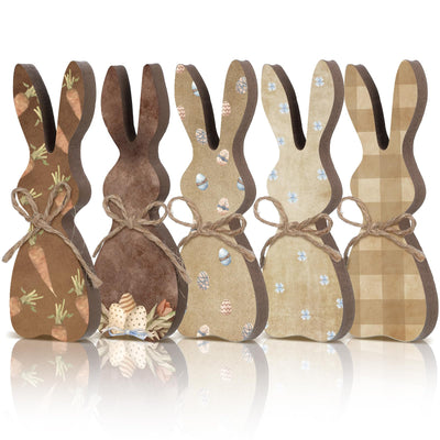 Beeveer 5 Pcs Easter Bunny Wooden Signs Bunny Decor Rustic Easter Tiered Tray Decor Easter Rabbit Table Sign with Colorful Bows Freestanding Easter