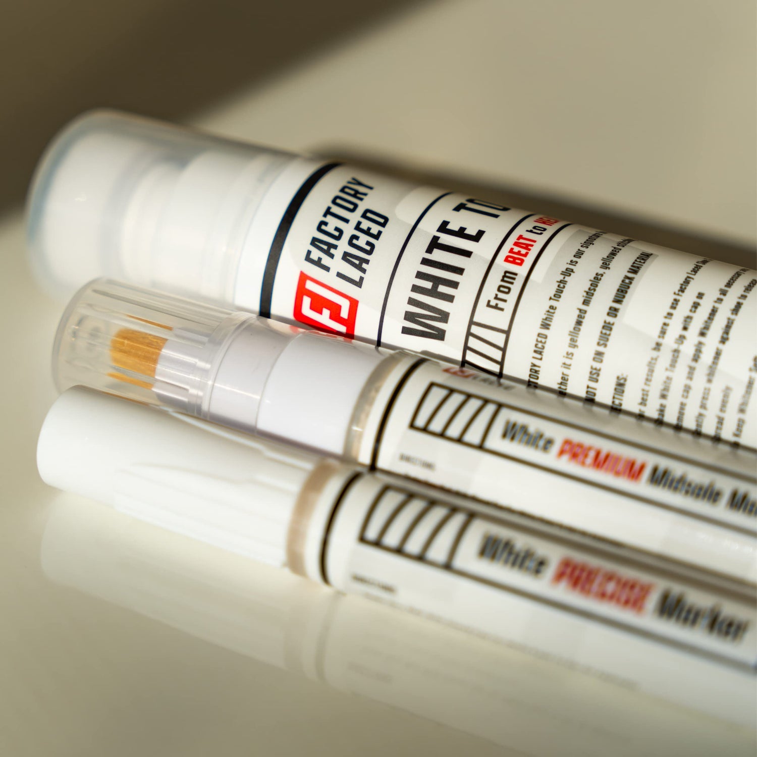 FACTORY LACED Shoe Whitener Bundle - White Shoe Cleaner Includes: White Touch Up, Premium Midsole Marker and Precise White Marker - Safe on Leather, FACTORY LACED