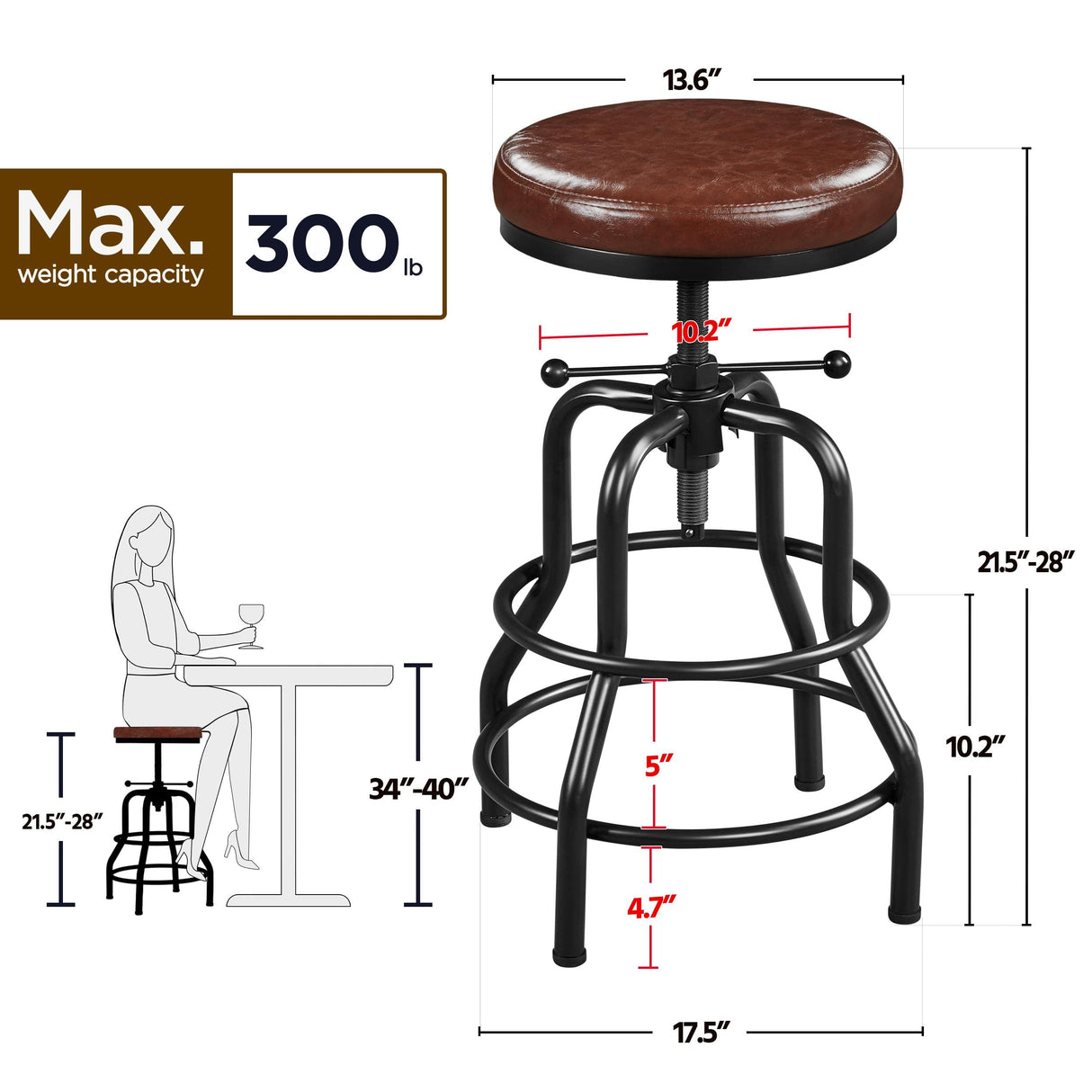 Yaheetech Industrial Bar Stool Vintage Counter Height Stool with Round Faux Leather Seat Metal Stool Adjustable Kitchen Stool 21.5-28 Inch Tall Yaheetech