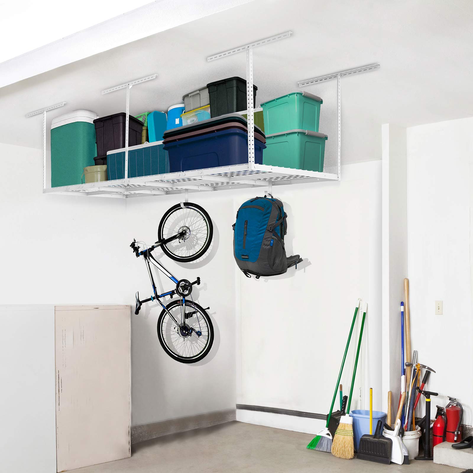 FLEXIMOUNTS 4x8 Overhead Garage Storage Rack w/Hooks Adjustable Ceiling Storage Racks, 96" Length x 48" Width x 40" Height, 22''-40" Ceiling - WoodArtSupply