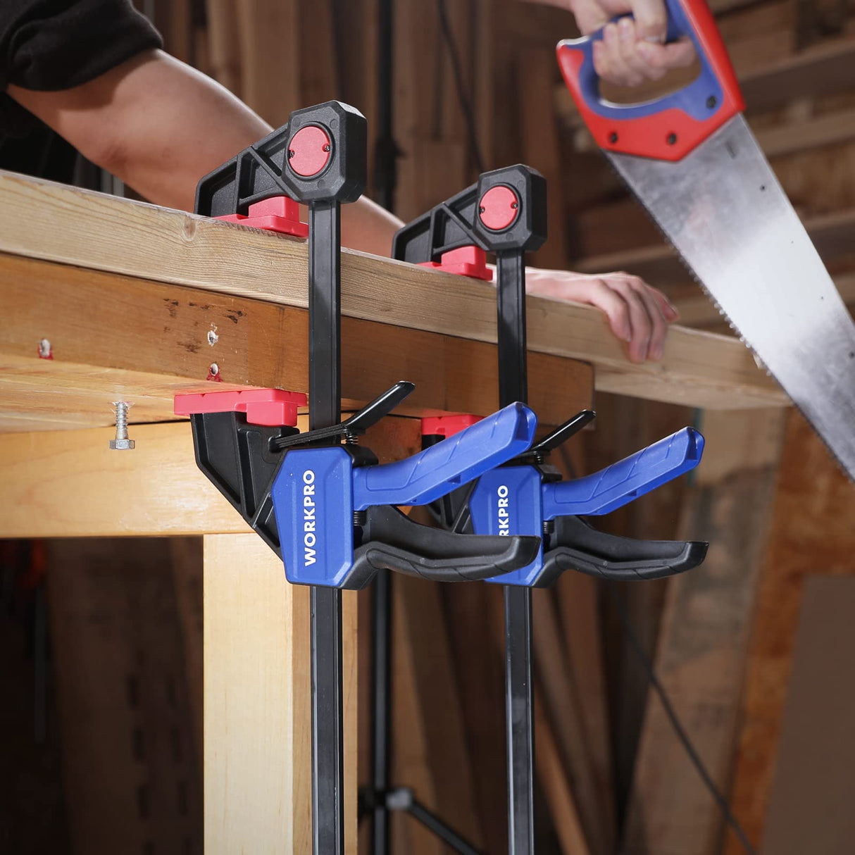 WORKPRO 12” & 6” Bar Clamps for Woodworking, 300lbs & 150lbs Load, One-Handed Spreader/Clamp, Quick-Clamp F Wood Clamps Set for Hand Wood Working WORKPRO