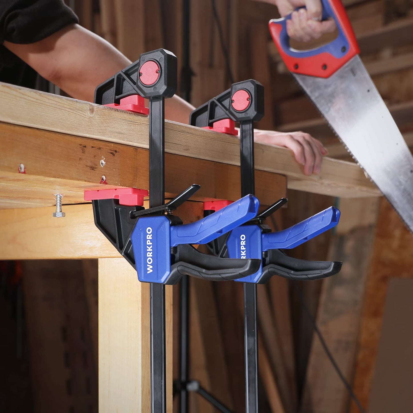 WORKPRO 12” & 6” Bar Clamps for Woodworking, 300lbs & 150lbs Load, One-Handed Spreader/Clamp, Quick-Clamp F Wood Clamps Set for Hand Wood Working - WoodArtSupply