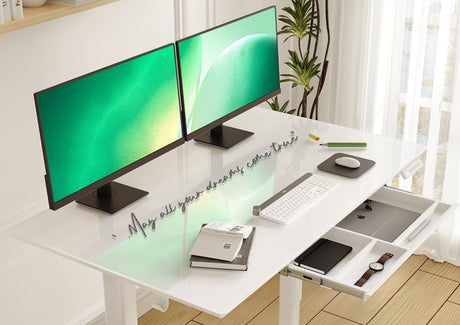 INNOVAR Glass Standing Desk with Drawers, 48×24 Inch Adjustable Stand Up Desk Quick Install Home Office Computer Desk, White INNOVAR