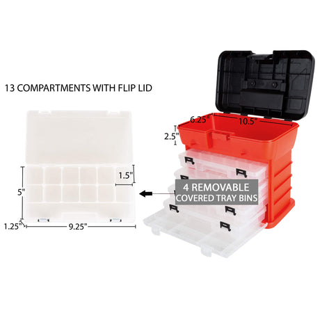 Storage Tool Box - Portable Multipurpose Organizer With Main Top Compartment and 4 Removable Multi-Compartment Trays by Stalwart,Red,11 in x 7 in x Stalwart