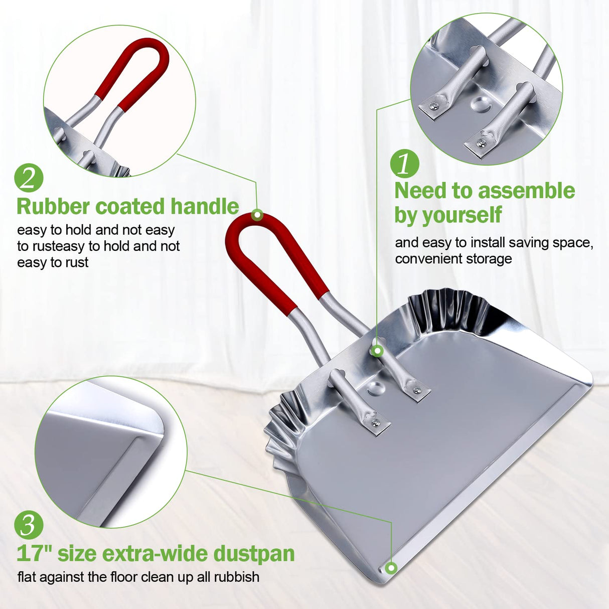 TOP DOG Metal Dustpan 17”, Aluminum Dust Pans Heavy Duty Does not Chip or Bend Sheet Metal Edge Flat Against Floor for Small Item Sweeping Rubber TOP DOG