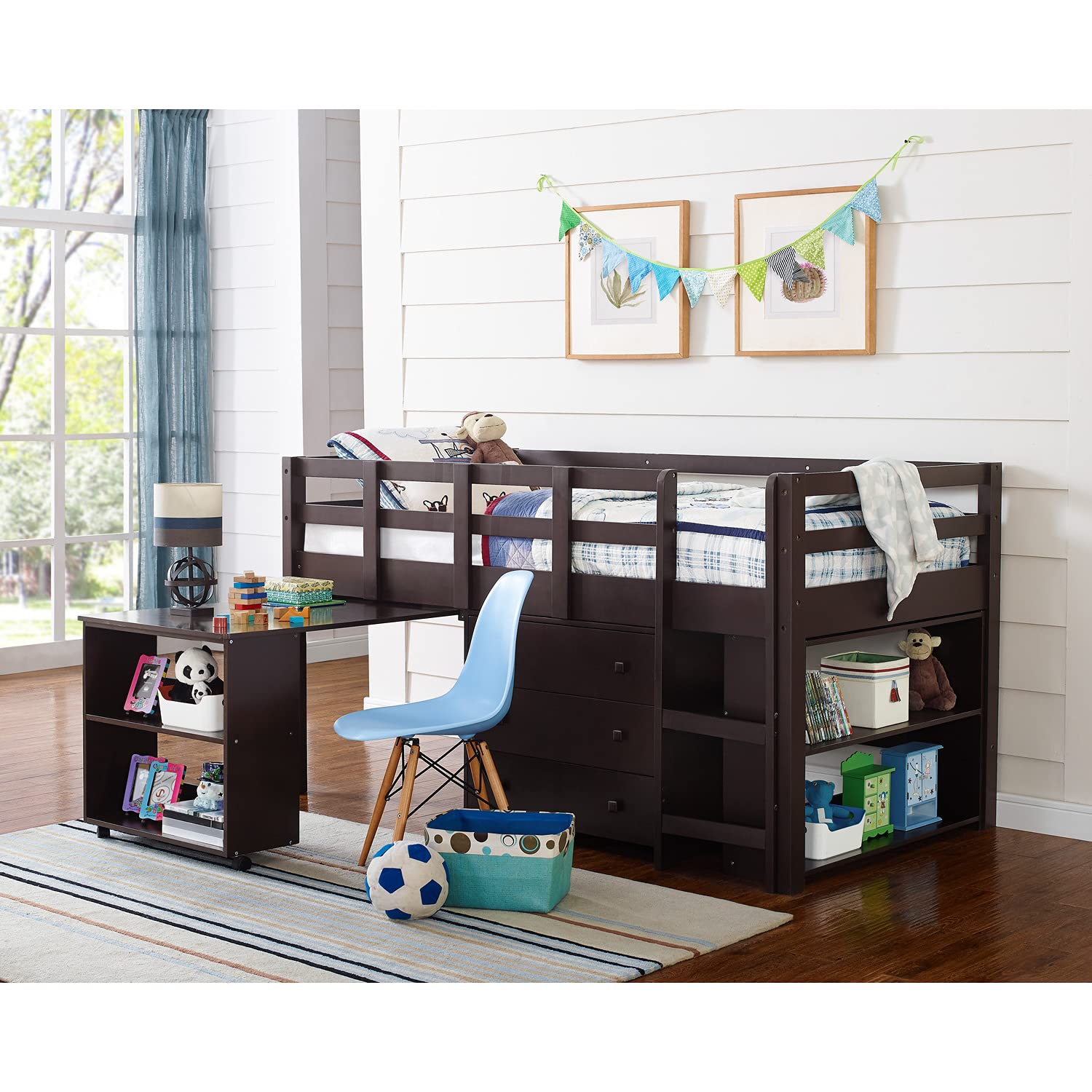 Naomi Home Twin Loft Bed with Desk and Storage - Space-Saving Kids Bed in Espresso - WoodArtSupply