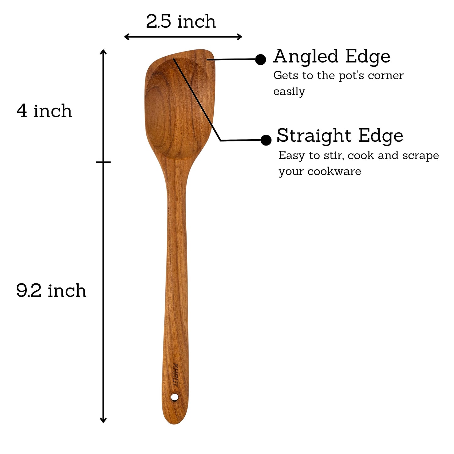 KHRUT, Teak Corner Spoon, 13.2 inch long, Teak wooden utensils, Wooden Corner Spoon, Long handle Corner Spoon for cooking, Teflon friendly, Natural