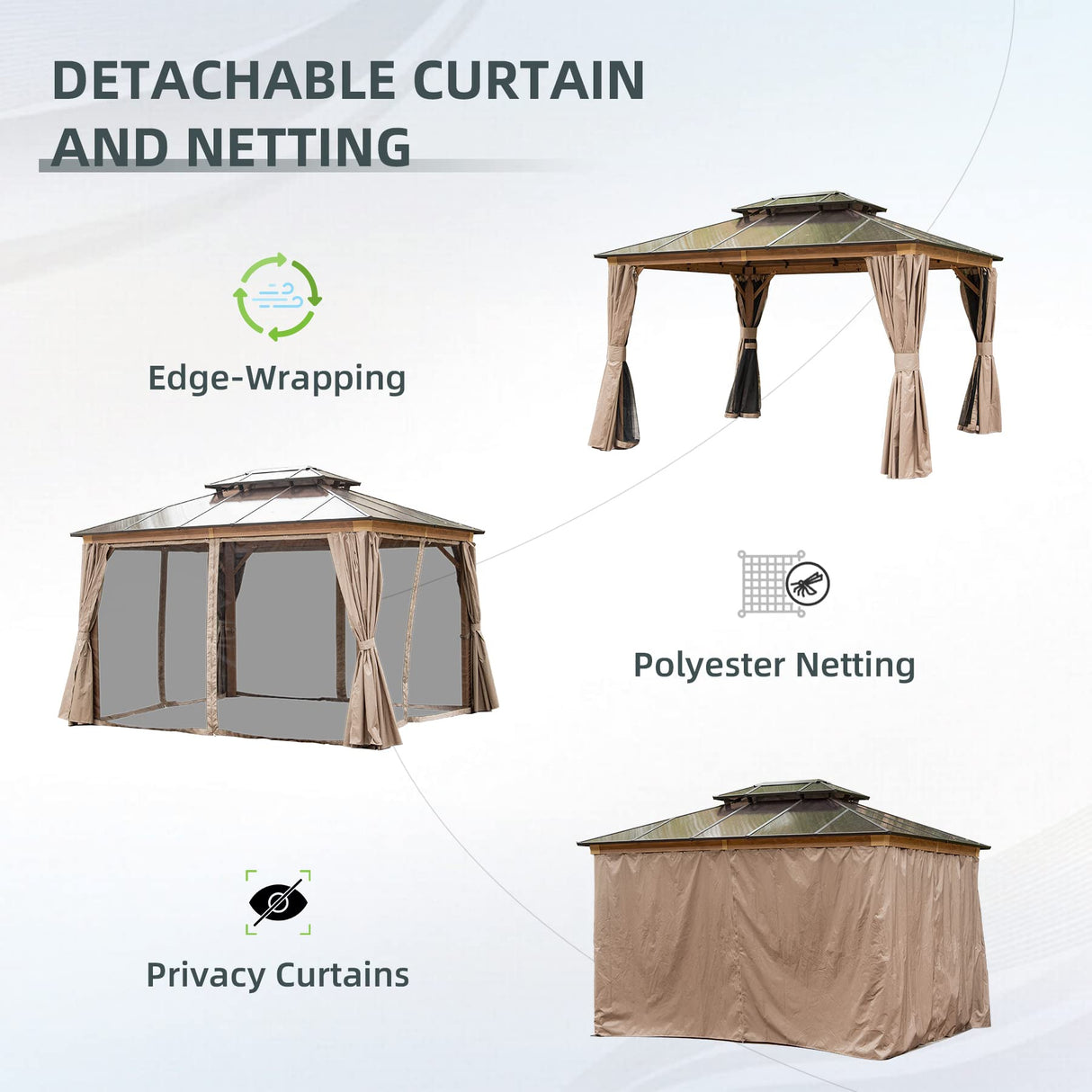 Domi 10' X 12' Hardtop Gazebo, Permanent Outdoor Gazebo with Polycarbonate Double Roof, Aluminum Gazebo Pavilion with Curtain and Net for Garden, domi outdoor living