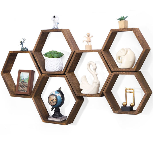 NOVIMANGO Hexagon Floating Shelves Set of 6 Honeycomb Shelves for Wall Wood Farmhouse Storage Home Decor Shelf Wall Mounted Wooden Hexagonal Shelves - WoodArtSupply