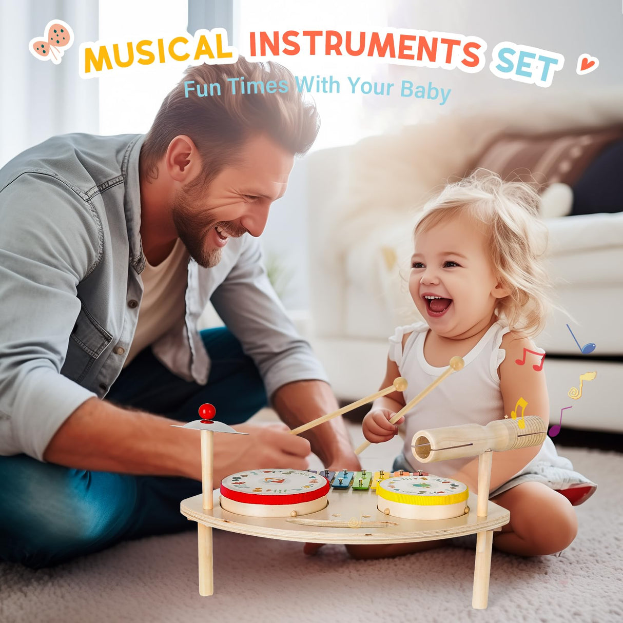 Hilifexll Kids Drum Set for Toddlers 1-3, Baby Preschool Musical Toys 7 in 1 Montessori Instruments Set Wooden Music Toy Baby Drum Kit Xylophone Hilifexll