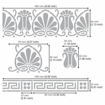 Aleks Melnyk No.328 Metal Stencil, Ancient Greek Fret and Roman Ornament, Meander, Palmette Motif, Border, Patterns, Small Stencil, 1 PC, Template - WoodArtSupply