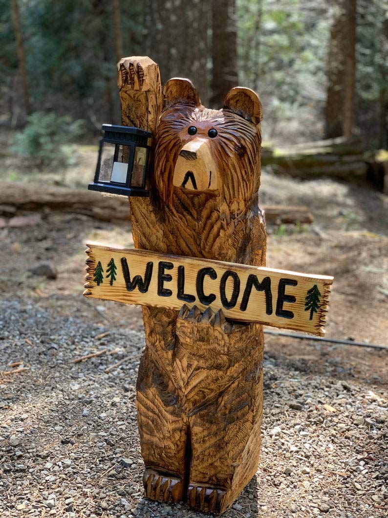 3ft cedar bear chainsaw carving with personalized sign - WoodArtSupply