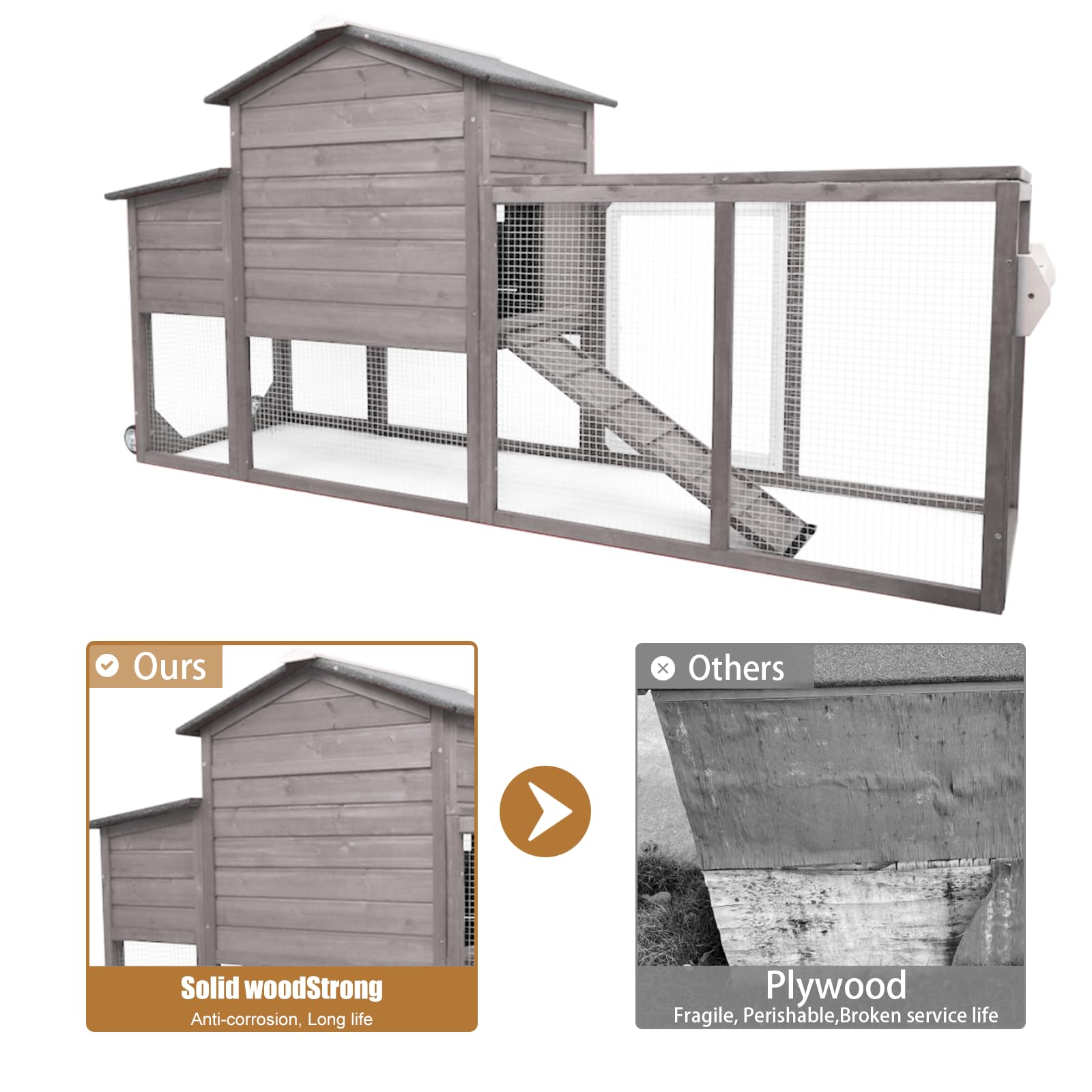 PetsCosset 79" Wooden Chicken Coop Rabbit Cage with Nesting Box, Waterproof Roof, Removable Tray, Combinable - WoodArtSupply